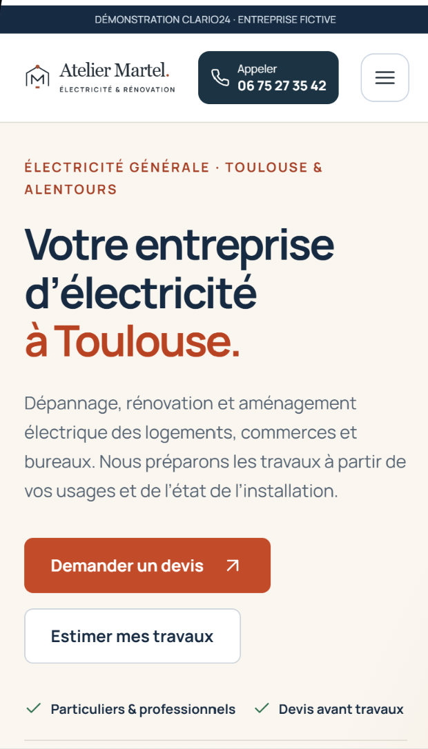 Le même site de démonstration sur téléphone.